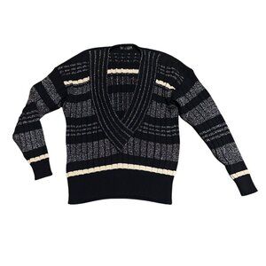 Escada Deep V-Neck Pullover Sweater Metallic Stripe Stretch Wool Size 42 Large